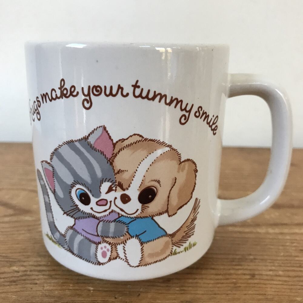 Vtg 1985 CM Paula Hugs Make Your Tummy Smile Kitten Puppy Dog Cat Mug
